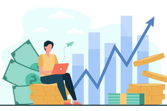 ilustração com pessoa no computador, gráfico e dinheiro simbolizando investimento com taxa CDI