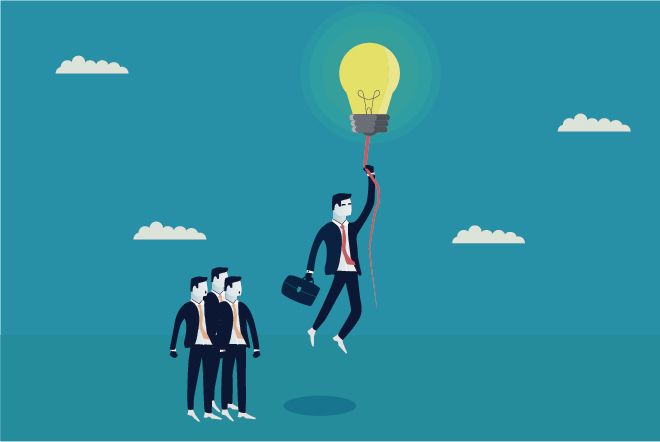 ilustração de executivo flutuando com uma lâmpada simbolizando o sucesso do empreendedorismo próprio