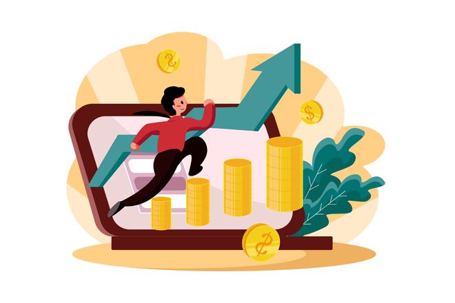ilustração representando o crescimento de um investidor, com pilhas de moedas